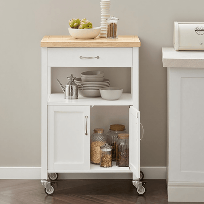 Keukentrolley – Keukenwagen – Serveerwagen – Opbergtrolley – Mobiele Keukenkast – Compact 60x92x45 cm – Rubberwood Werkblad – 4 Wielen met Rem