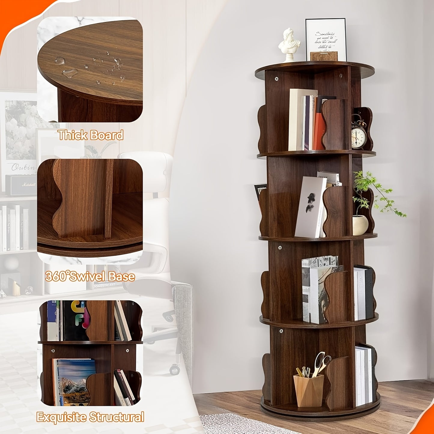 Boekenkast – Boekenrek – Opbergkast – Vakkenkast – Stellingkast – 360° Draaibaar – Stabiel Metaal Met Houtlook