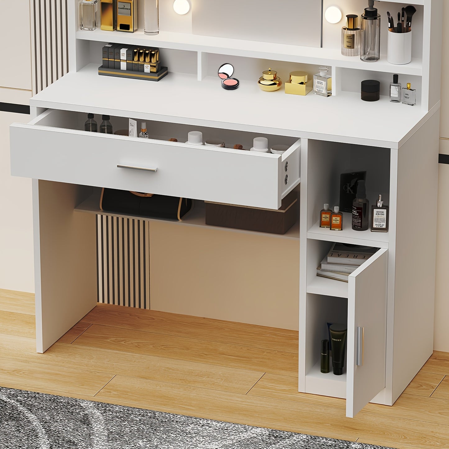 Kaptafel – Make-up Tafel – Dressing Table – Cosmeticatafel – Spiegeltafel – Wit – LED Verlichting Met Instelbare Helderheid – Opberglades En Open Vakken