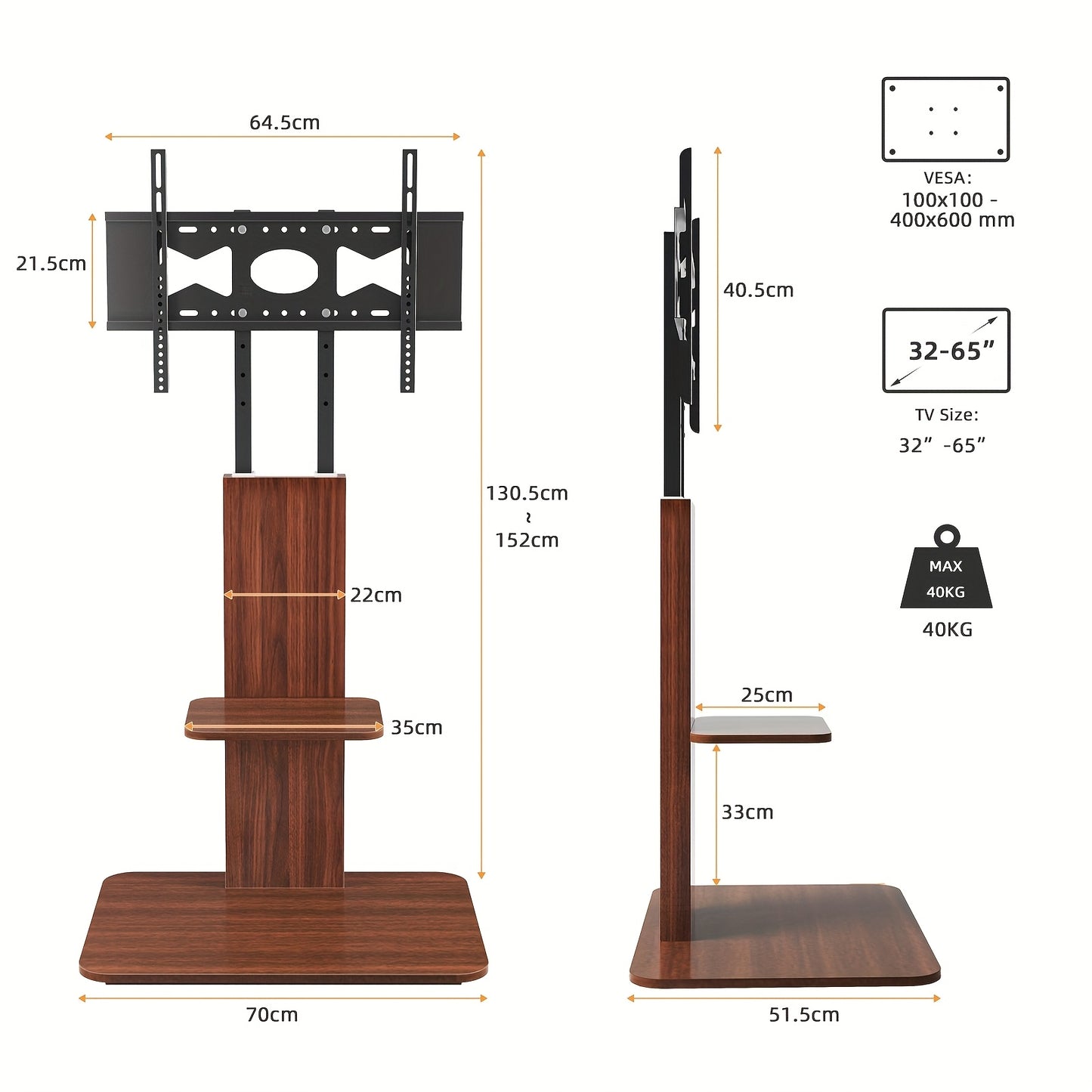 Zware TV-Standaard – Voor 32–65 Inch Schermen tot 39,9 kg – Verstelbare Vloermontage (130–152 cm), Houten & Metalen Frame met Opslagplank