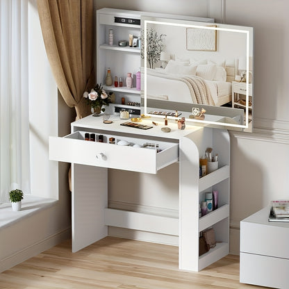 Makeuptafel – Kaptafel – Cosmeticatafel – Make-uptafel – Schminktafel – Schuifspiegel – Verborgen Opbergruimte – Groot Lade- en Vaksysteem – Wit – 81,2x40x135 cm