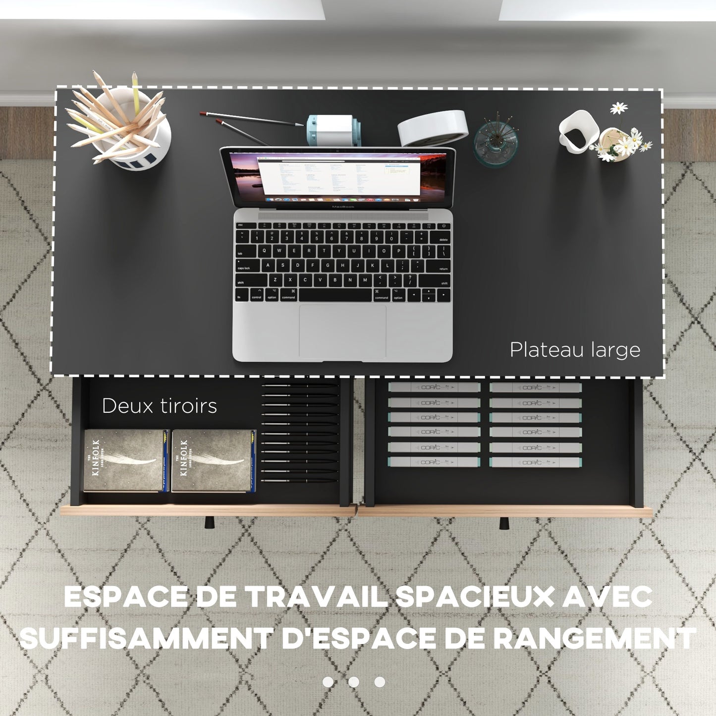 Bureau – Bureautafel – Computertafel – Werktafel – Schrijftafel – Met Twee Laden – Zwart Metalen Frame – 106 x 50 x 77 cm