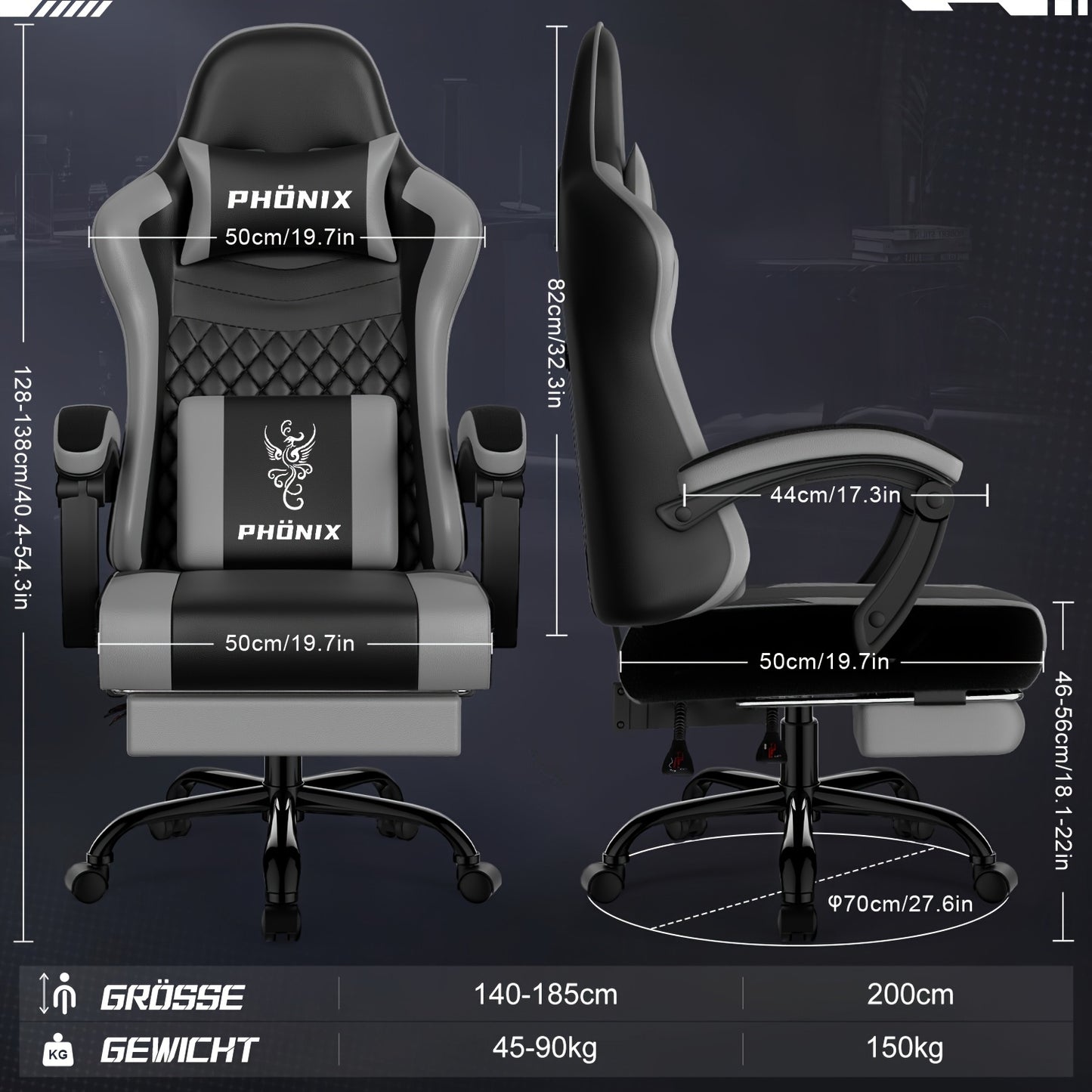 Gamingstoel – Gamestoel – Gaming Chair – Game Stoel – Bureaustoel – Ergonomisch – Verstelbare Lendensteun – Voetsteun – Draaibaar – Max. 150 kg