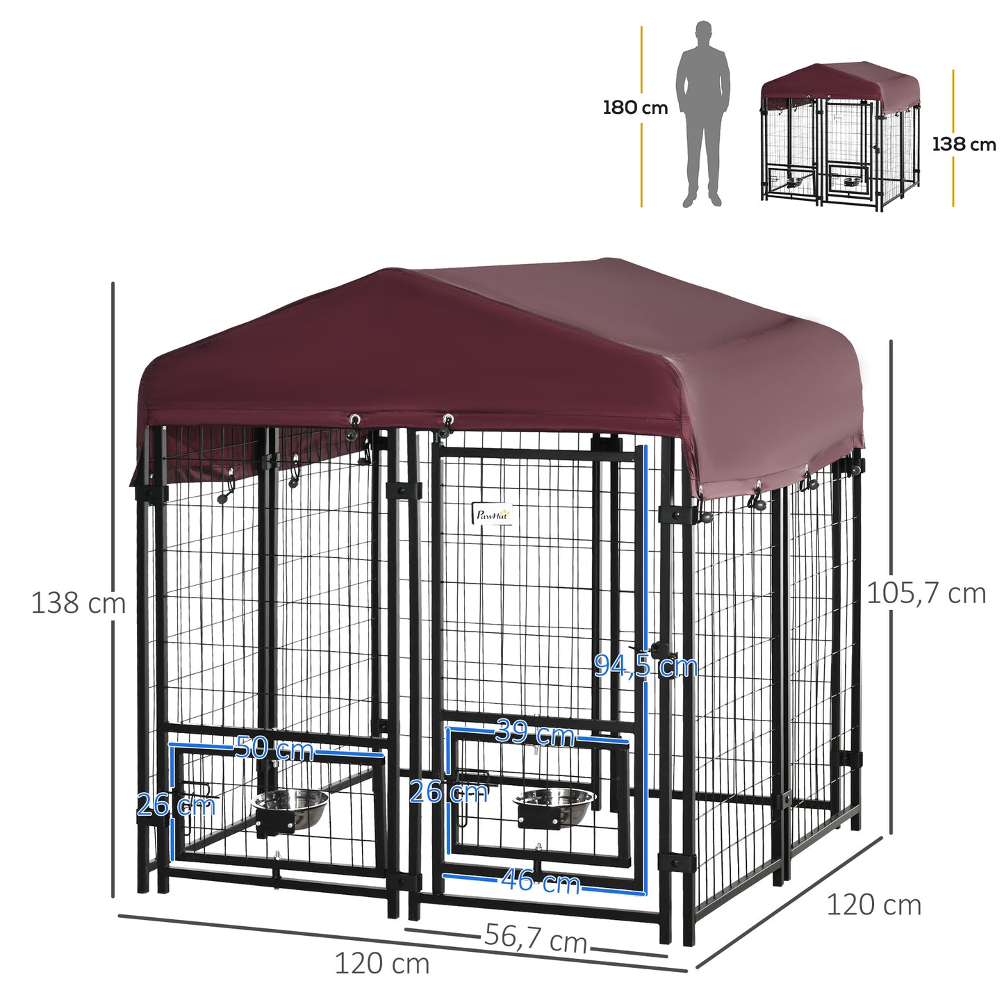 Hondenkennel – Hondenren – Puppyren – Dierenren – Kennel – Weerbestendig Oxford Dak – 120x120x138 cm – Met 2 Draaibare Voerbakhouders