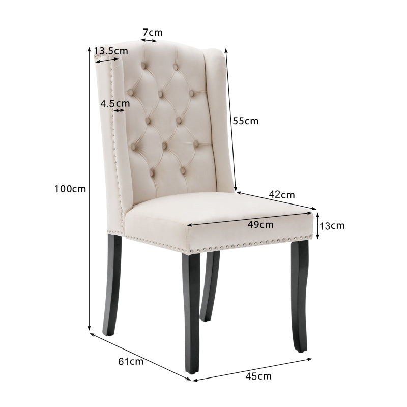 Eetkamerstoel – Dining Stoel – Kuipstoel – Keukenstoel – Fauteuil – Velvet Bekleding – Eikenhouten Poten met Chroom – Nailhead Details – Beige – Set van 2