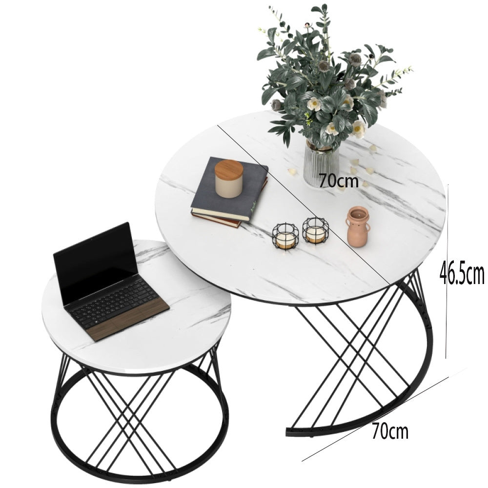 Koffietafel Set – Bijzettafel – Salontafel – Nestbare Tafels – Witte Zwarte Marmerlook – Ruimtebesparend Design – Stevig Metaal & Lichtgewicht Spaanplaat