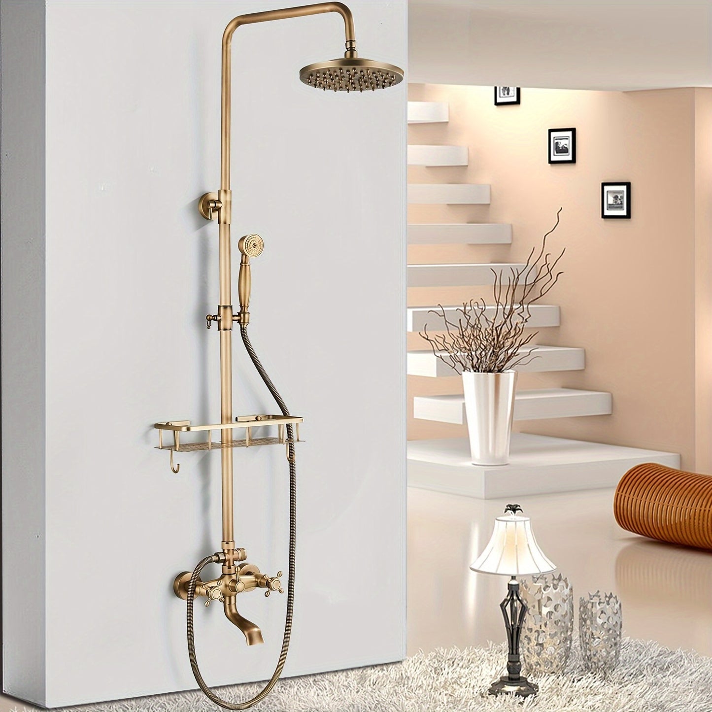 Douche Systeem – Regendouche – Handdouche – Muurkraan – Douchekraan – Antieke Messing Afwerking – 8 Inch Regendouchekop – Geen Elektriciteit Nodig
