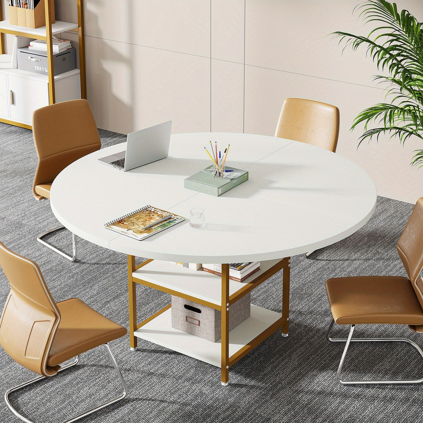 Eettafel – Ronde Tafel – Keukentafel – Eetkamertafel – Tafel – 4 Personen – 2 Opbergplanken – Gouden Metalen Poot – Wit MDF – Hittebestendig Blad – Verstelbare Voetjes