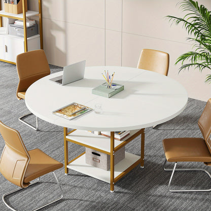 Eettafel – Ronde Tafel – Keukentafel – Eetkamertafel – Tafel – 4 Personen – 2 Opbergplanken – Gouden Metalen Poot – Wit MDF – Hittebestendig Blad – Verstelbare Voetjes