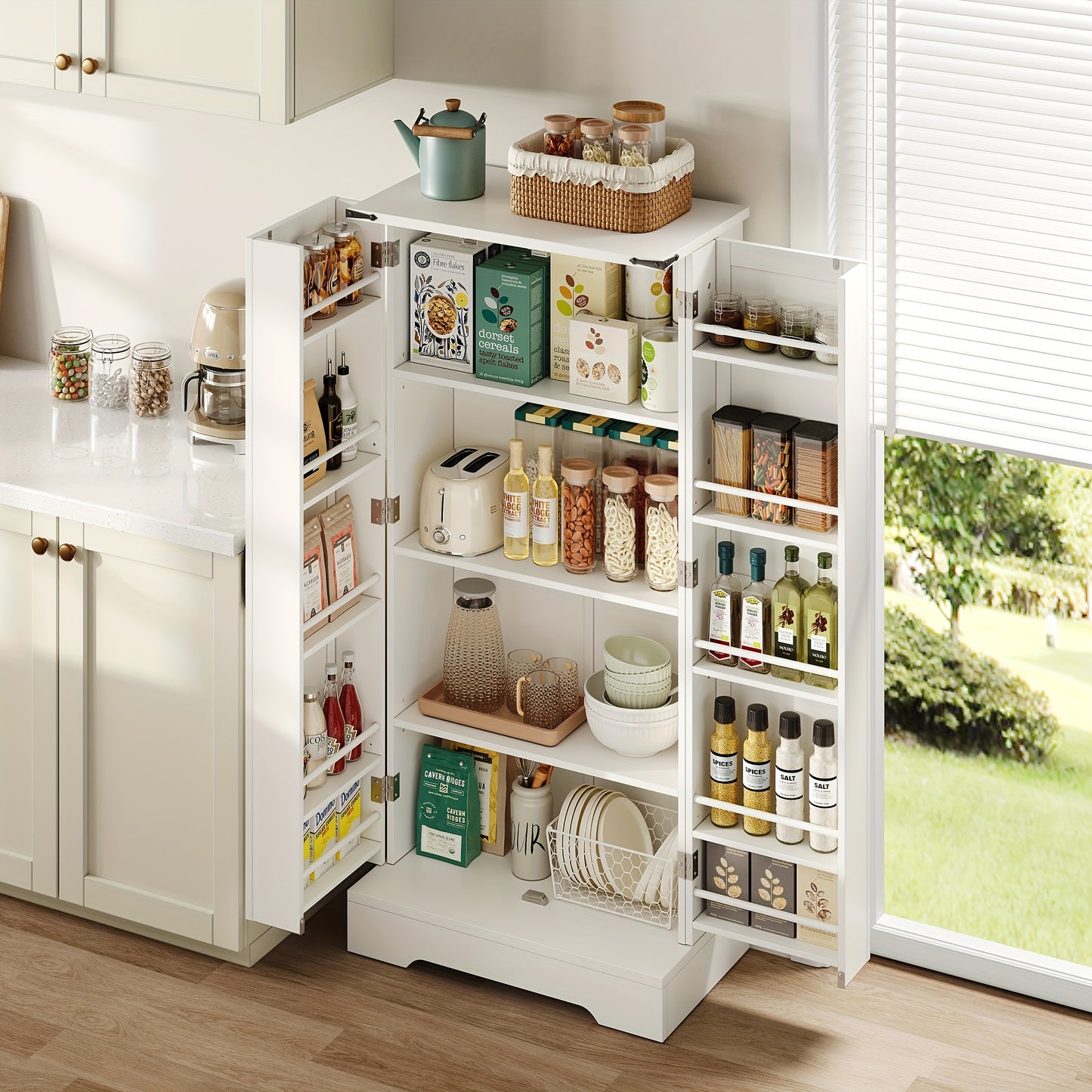 127.0cm White Farmhouse Kitchen Cabinet with 2 Hinged Doors & Adjustable Shelves - Freestanding Storage Cabinet with -Tip Device, Gravure Texture Finish, Space-Saving Design for Small Spaces, Easy Assembly, Sturdy Constructio