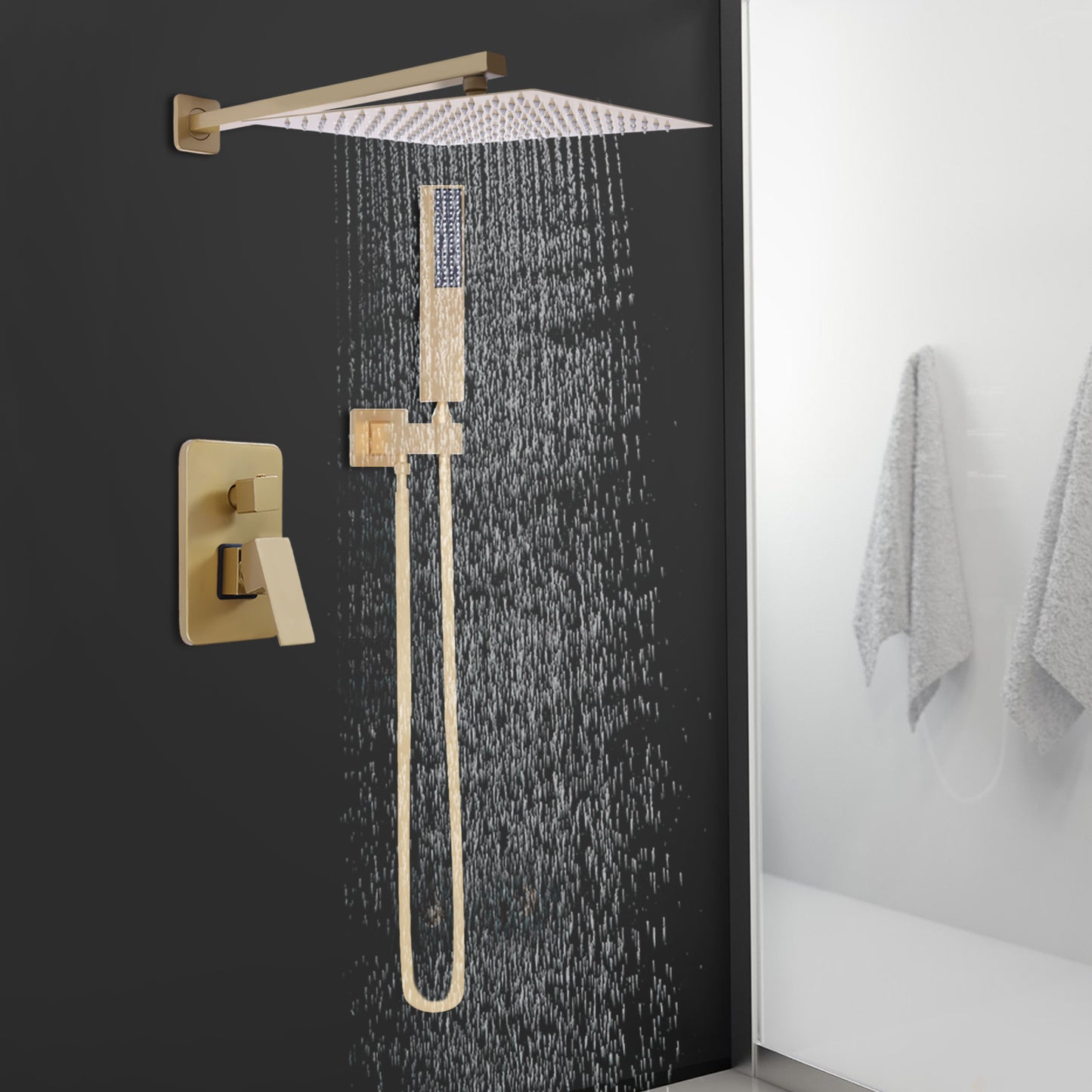 Gouden Douche Systeem – Douche Set – Regendouche – Handdouche – Thermostaatkraan – Thermostatische Temperatuurregeling 0-75°C – Messing Geborstelde Afwerking – Muurmontage Met Universele G½" Aansluiting