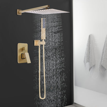 Gouden Douche Systeem – Douche Set – Regendouche – Handdouche – Thermostaatkraan – Thermostatische Temperatuurregeling 0-75°C – Messing Geborstelde Afwerking – Muurmontage Met Universele G½" Aansluiting