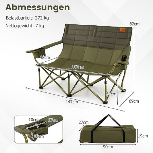 Oversized Campingstoel voor 2 Personen – Tweepersoons Stoel – Dubbele Campingstoel – XXL Stoel – Inklapbare Buitenstoel – Stevig Tot 270 kg – Verstelbare Armleuningen met Bekerhouders