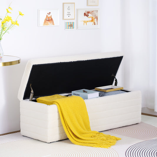 Stool with Storage Space, Modern Bench Bedroom Storage Box Teddy Fabric Footstool Chest 118cm, Beige, Spacesaving Stool, Home Organization, Minimalist Bench, Contemporary Footstool, Cozy Material, Soft Upholstery, Fabric Foot
