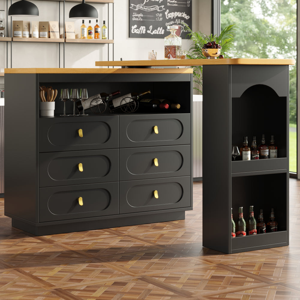 Extendable Bar Table with 360° Rotating Base & Storage Shelf - Heavy-Duty Metal Modern Black Adjustable Length 138-203cm (55"-80") - Space-Saving Expandable Kitchen Island, Home Office Desk, Dining Table for Small Spaces - E