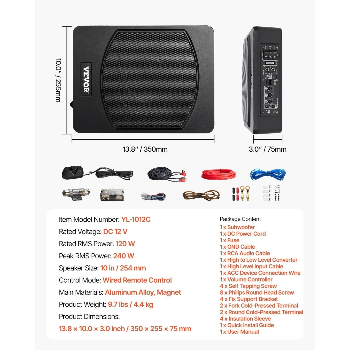 Subwoofer – Auto Subwoofer – Bass Speaker – Powered Subwoofer – Ultra Slanke 10 Inch Subwoofer – 120W RMS / 240W Pieken – Aluminium Behuizing & Onder Stoel Montuur