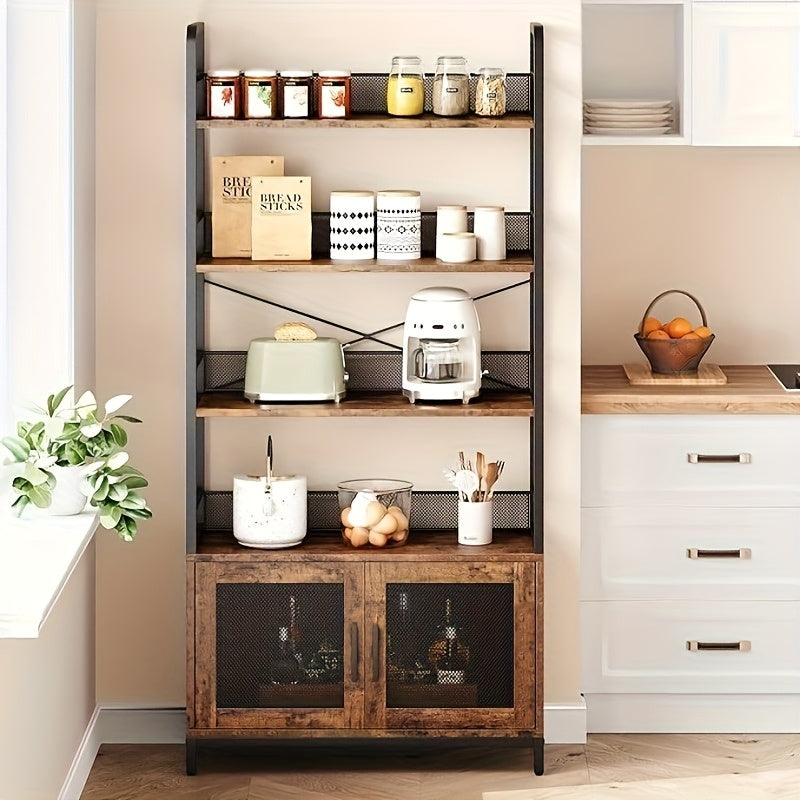 Bookshelf with Doors Industrial Bookcase with 4 Tiers Open Storage Shelf Rustic Bookshelves 180.01cm Tall Display Rack Cabinet Farmhouse Bookshelf for Bedroom, Living Room, Home Office
