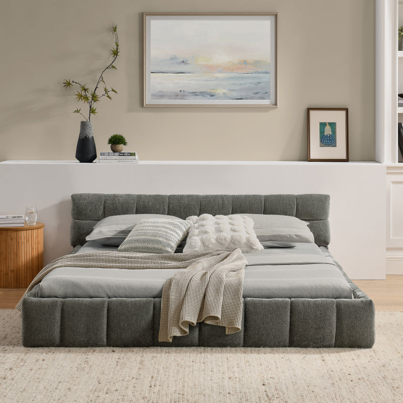 Bedframe – Tweepersoonsbed – Dubbelbed – Slaapbank – Eenpersoonsbed – Chenille Bekleding – 140x200 cm – Ecologisch Eucalyptus Hout – Stabiel IJzeren Frame – Donkergrijs – Eenvoudige Montage