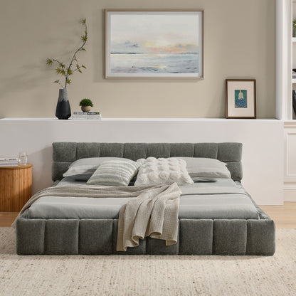 Bedframe – Tweepersoonsbed – Dubbelbed – Slaapbank – Eenpersoonsbed – Chenille Bekleding – 140x200 cm – Ecologisch Eucalyptus Hout – Stabiel IJzeren Frame – Donkergrijs – Eenvoudige Montage