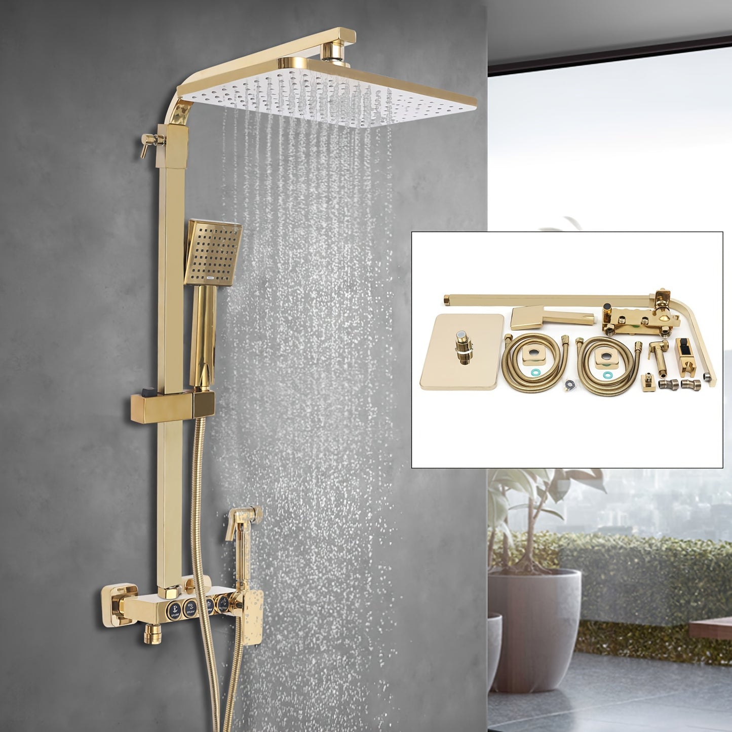 Douche Systeem – Douche Set – Complete Douche Set – Badkamer Douche – Regendouche – Gouden 4-in-1 Douche Systeem – 22,86x22,86 cm Regendouche – Messing Duurzaam