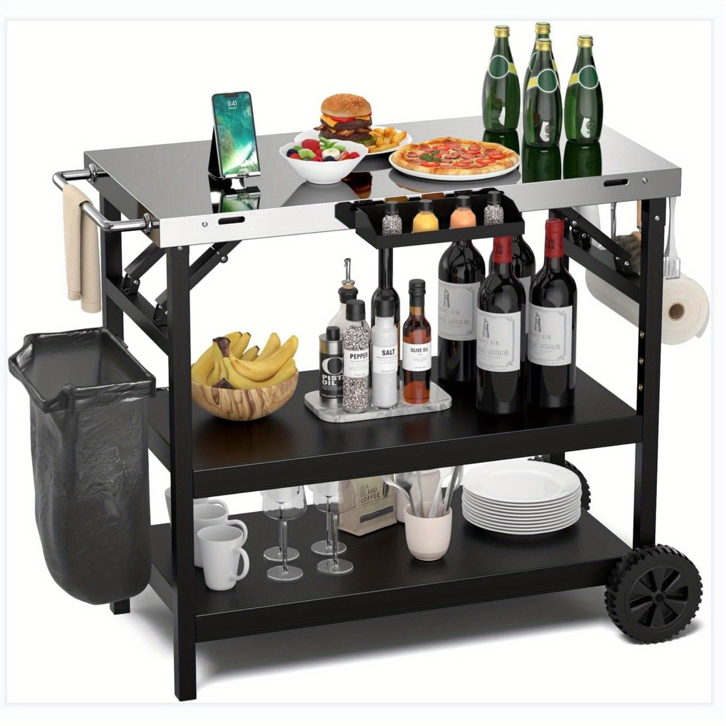 Buitenkeukentrolley – Buitenwagen – BBQ Trolley – Opbergtrolley – Werktafel – Roestvrijstaal – Inklapbaar – Verstelbare Middenplank – Met Wieltjes – 3-laags Opbergruimte