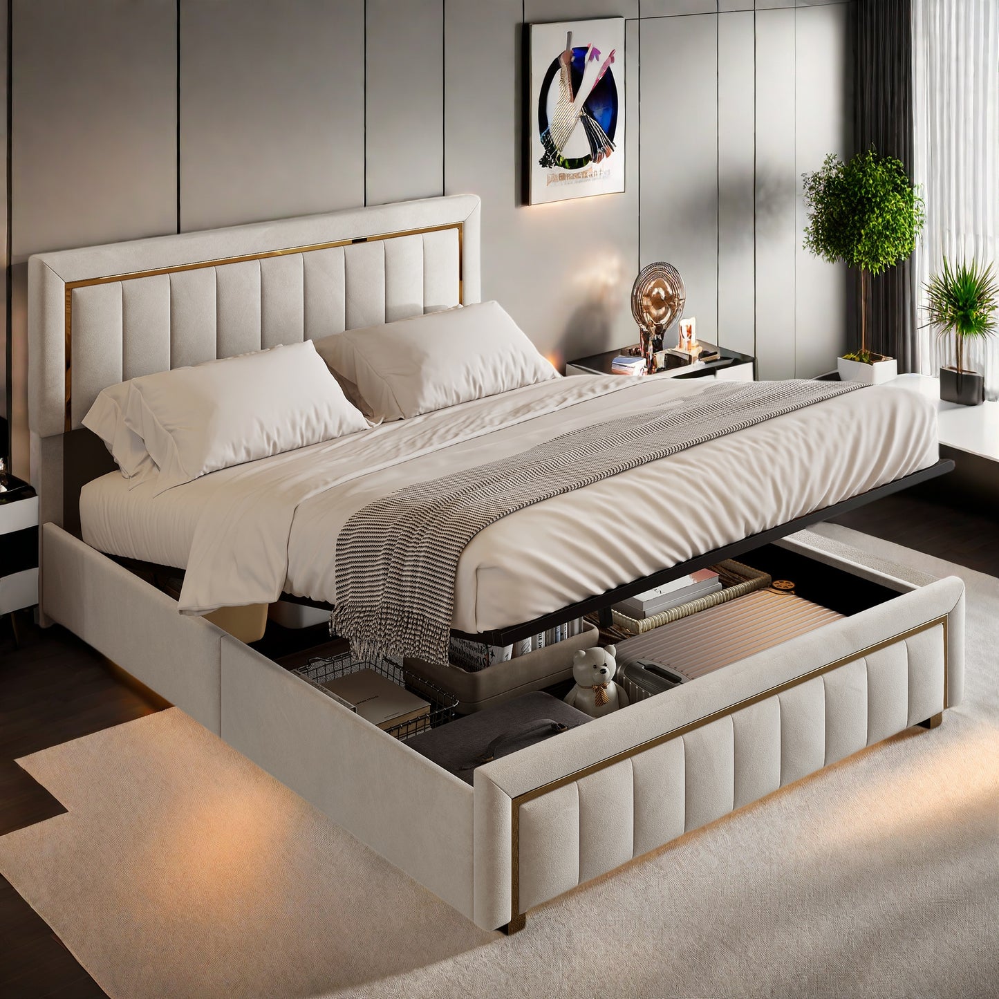 Gestoffeerd Tweepersoonsbed – Opbergbed – Bedframe – Slaapbank – Logeerbed – 160x200 cm – Velvet Bekleding – Hydraulische Opberglade