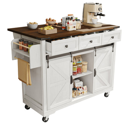 Heavy-Duty Metal Kitchen Island & Dining Cart with Pull-Out Worktop, 2 Sliding Doors & 3 Drawers - Mobile Rolling Cabinet with Woodgrain Finish, & Modern Design, Space-Saving Storage for Small Kitchens, Easy Assembly, No Elec