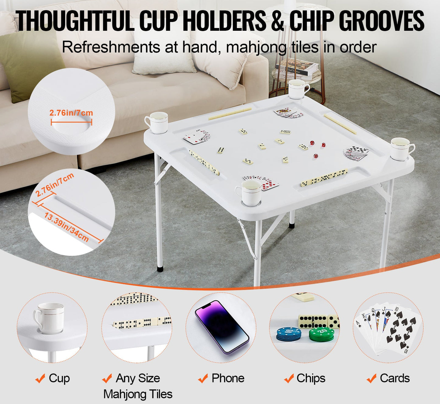 Mahjongtafel – Speeltafel – Kaarttafel – Inklapbare Tafel – Bordspel Tafel – Waterbestendig PE Materiaal – 4 Bekerhouders & Chiplades