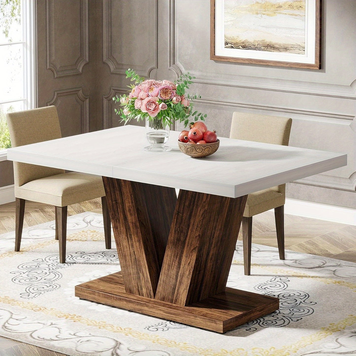 Eettafel – Keukentafel – Tafel – Diner tafel – Bistrotafel – Wit & Bruin – 47 Inch – X-vormige Houten Frame