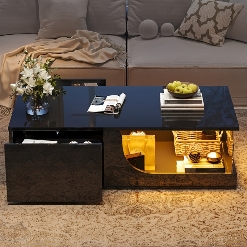 Salontafel – Coffee Table – Sofa Table – Woonkamertafel – Bijzettafel – Modern Design – Glas Tafelblad & Zwart Metaal Frame – 2 Lades Met Kastdeurtje – Compact & Praktisch