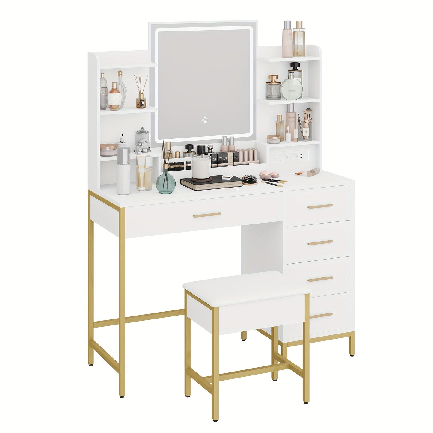 Kaptafel – Make-up Tafel – Cosmeticatafel – Dressing Table – Opbergtafel – Verstelbare LED Verlichting – 5 Lades Met USB & Stopcontact – Wit Goud Met Gewatteerde Kruk