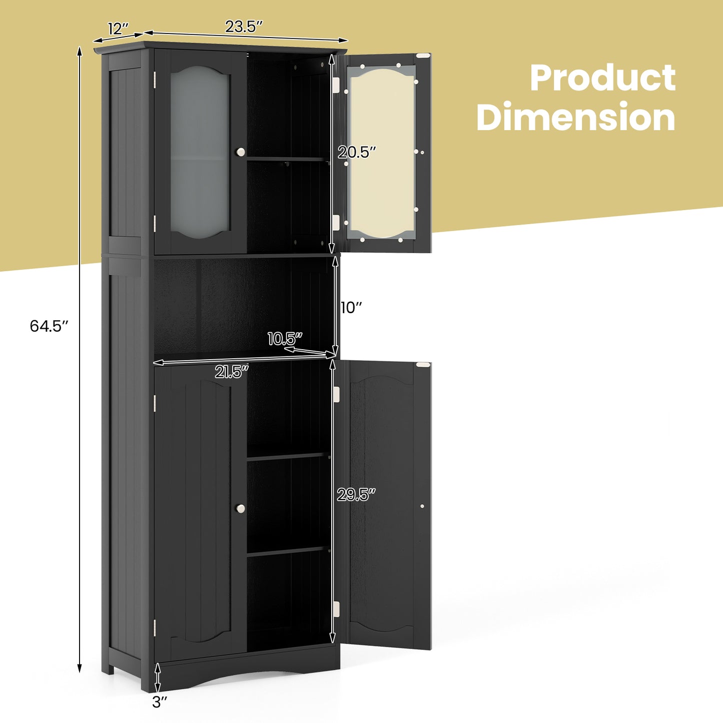Hoge Kast – Opbergkast – Linnenkast – Badkamerkast – Voorraadkast – Matglazen Deuren – Verstelbare Planken – Zwart MDF – Compact Design 164 cm