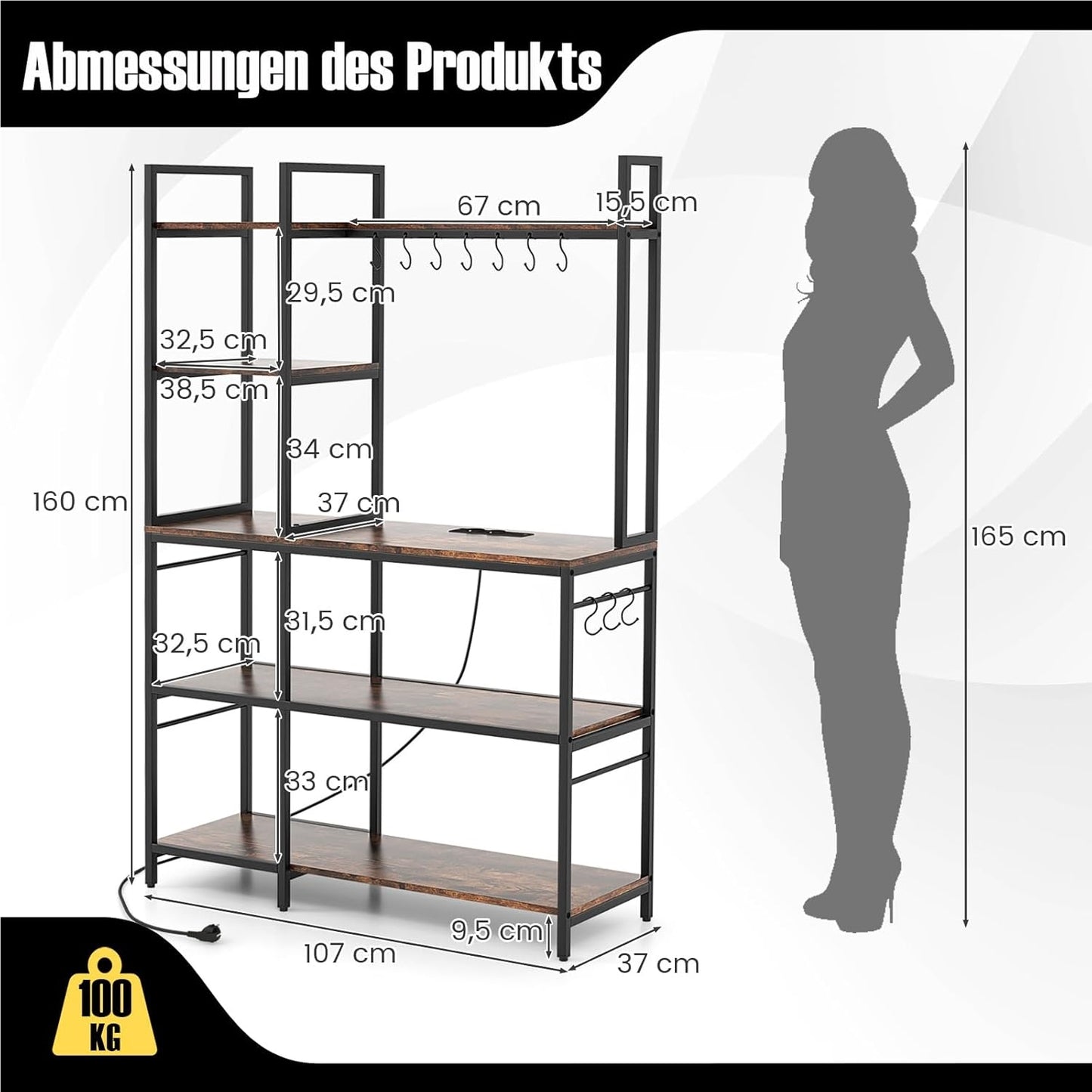 Keukenkast – Opbergkast – Rek – Plankenkast – Opbergmeubel – 5-laags Met Stopcontacten – Vintage Bruin Met Metalen Frame