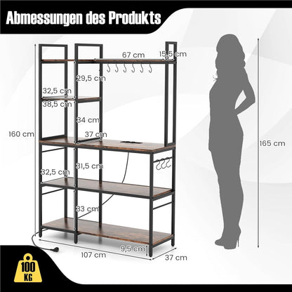 Keukenkast – Opbergkast – Rek – Plankenkast – Opbergmeubel – 5-laags Met Stopcontacten – Vintage Bruin Met Metalen Frame