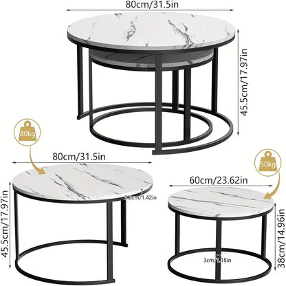 Ronde Bijzettafels – Salontafel – Side Table – Tafel Set – Woonkamertafel – Gouden Accenten – Kunststeen Marmerlook – Ø 80 + 60 cm – Modern Design