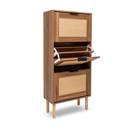 Schoenenkast – Schoenenrek – Schoenopberger – Schoenenmeubel – Schoenenhouder – 3-laags houten kast met rattan – Compact design 55x25x124 cm