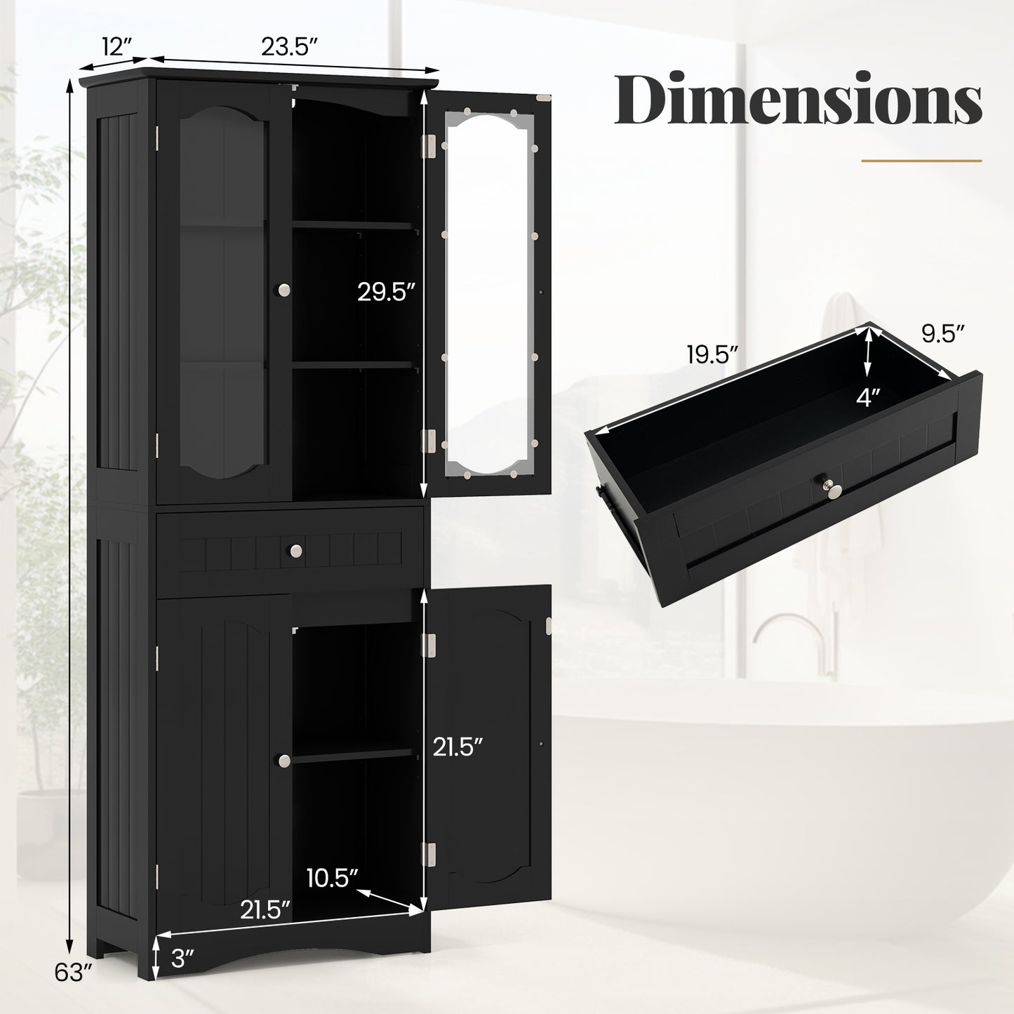 Badkamerkast – Kolomkast – Opbergkast – Hoge Kast – Badkamermeubel – 160 cm Hoog – MDF Met Gehard Glas