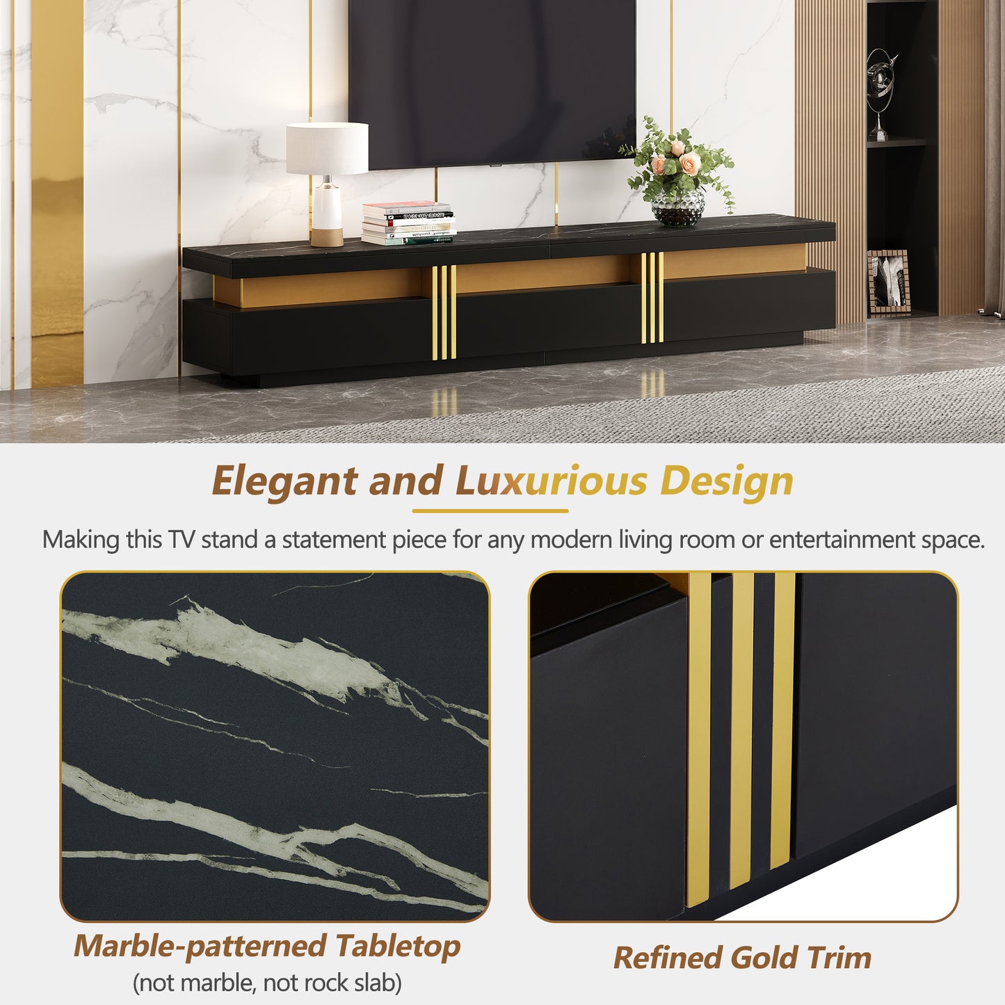 Modern TV-meubel – Tv-meubel – Lowboard – Tv-kast – Mediameubel – Marmerlook – 3 Laden – Kabeldoorvoer – Geschikt voor TV’s tot 90 inch – Wit-Goud