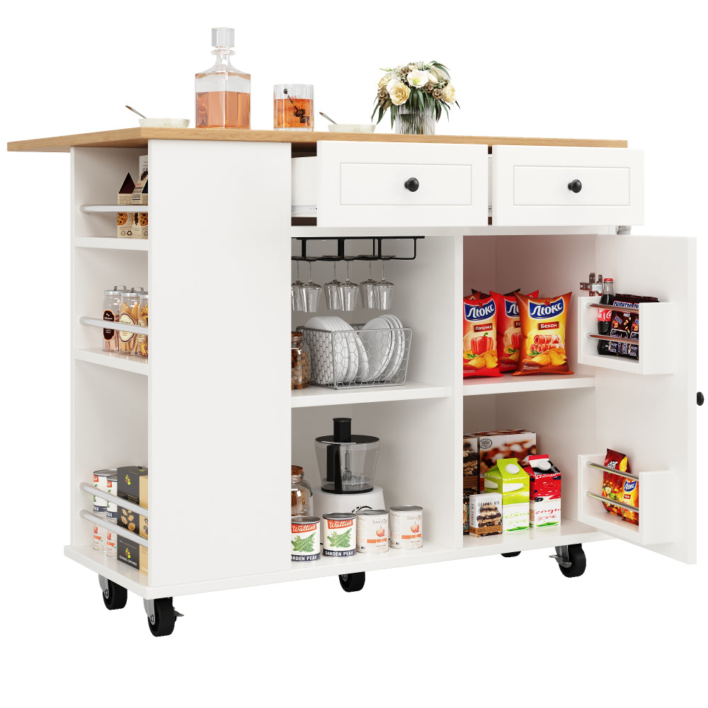 White Mobile Kitchen Island Cart with Removable Shelves, Worktop & Towel Rack - Heavy-Duty Metal Frame on Wheels, White Mobile with Wine Glass Holder, Snack Rack & Lower Cabinets for Small Spaces, Easy Assembly (No Wood)