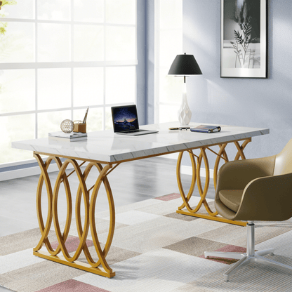 Grote Eettafel – Tafel – Eetkamertafel – Design Tafel – MDF Tafel – Wit Faux Marmer Blad – Gouden Geometrische Poten – 160 cm – Voor 4-6 Personen