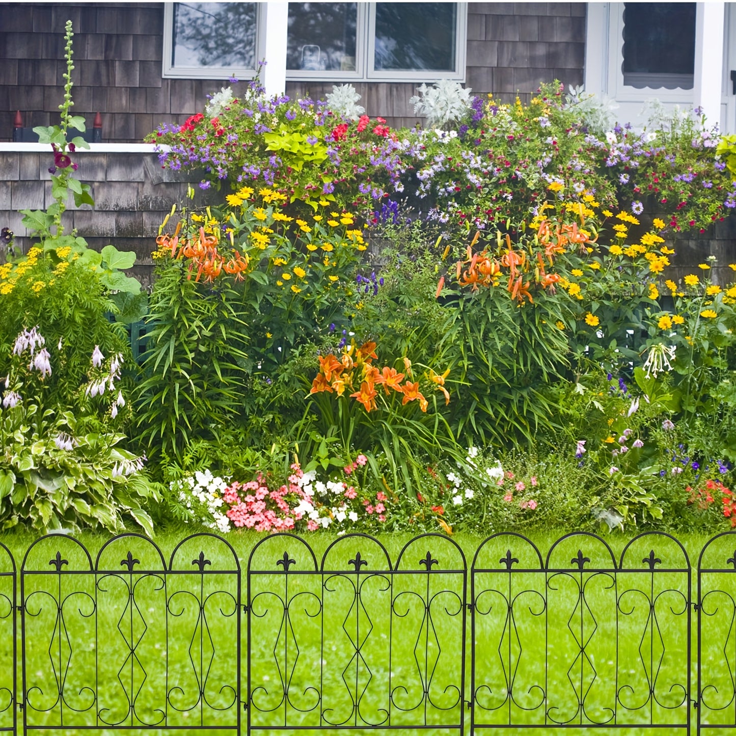 Metalen Tuinhek – Tuinafscheiding – Border Schutting – Tuinpaneel – Grasdraad Afzetting – Modern Design – Zwart Gecoat Metaal – Weerbestendig 60 x 62 cm – Set Van 5 Panels