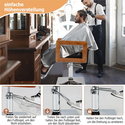 Kappersstoel – Barbershop Stoel – Salonstoel – Kapperskruk – Barberkruk – 360° Draaibaar – Verstelbare Zithoogte 50-65 cm – Belastbaar Tot 150 kg – Hydraulische Pomp – Houten Armleuningen