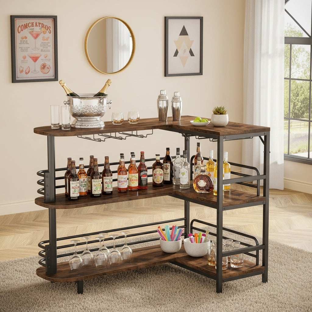 L-vormige Home Bar Cabinet – Hoekbar – Drankkast – Wijnrek – Barmeubel – Ruimtebesparend Hoekontwerp – Stevig Ge-engineerd Hout Met Glasrek