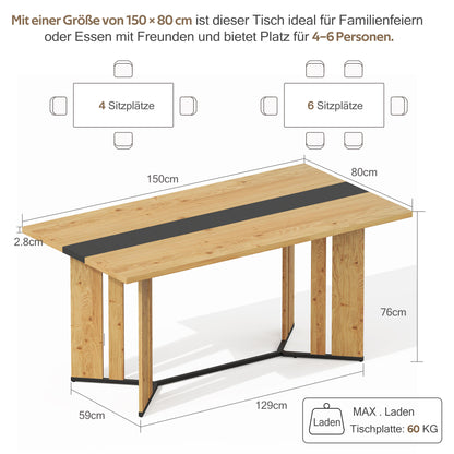 Eettafel – Keukentafel – Tafel – Dinertafel – Scandinavische Tafel – 150x80 cm – Eikenlook Melamine Krasbestendig – Zwart Metalen Frame Mat