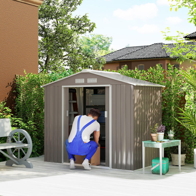 Large 2.13x1.30x1.85m Heavy-Duty Metal Tool Shed with Sliding Doors - Temporary Removable Panel Design, Alloy/Steel Frame & Galvanized Top, Spacious Outdoor Storage for Garden, Workshop, Construction Site - Easy Assembly, Dur