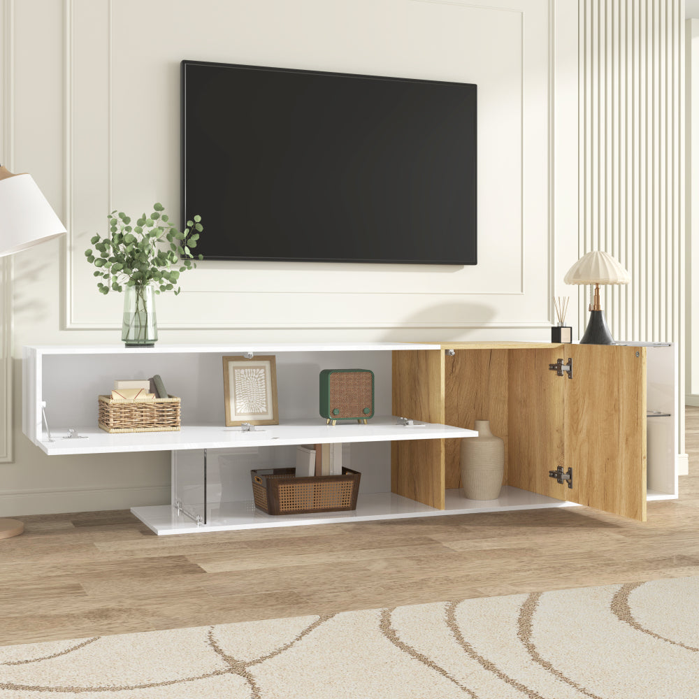 TV-meubel – TV-kast – Mediameubel – Entertainmentmeubel – Salontafel – Hoogglans Wit – 180 cm Breed – Glasplanken – Minimalistisch Design
