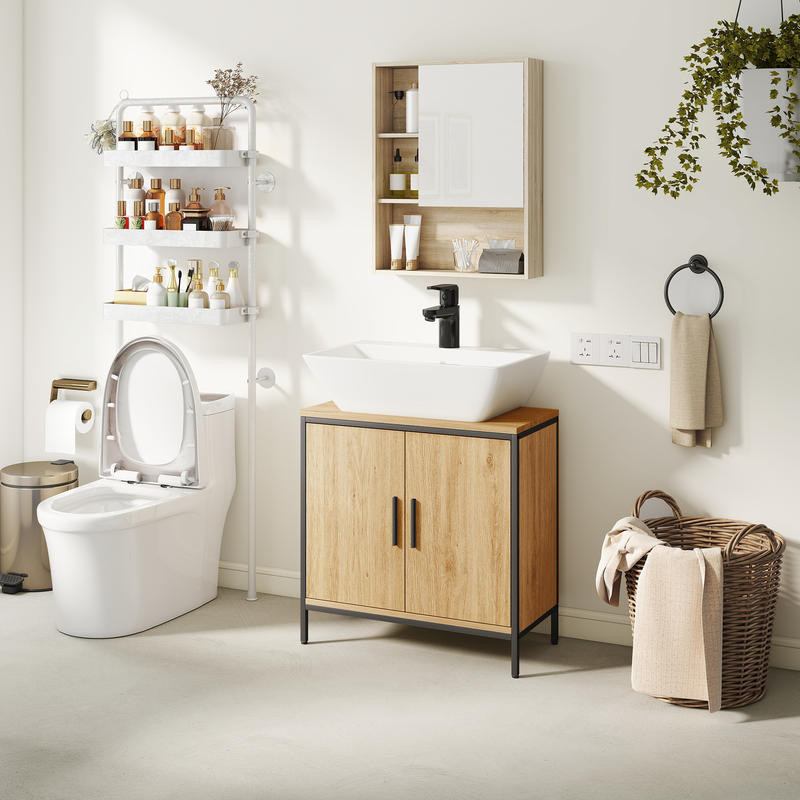 Modern Bathroom Vanity Cabinet with 2 Doors - Freestanding Bathroom Storage Unit, Adjustable Shelf, Space-Saving Bathroom Organizer, No Pedestal Needed, Easy Assembly, for Bathroom or Kitchen - Oak Bathroom Cabinet, Bathroom