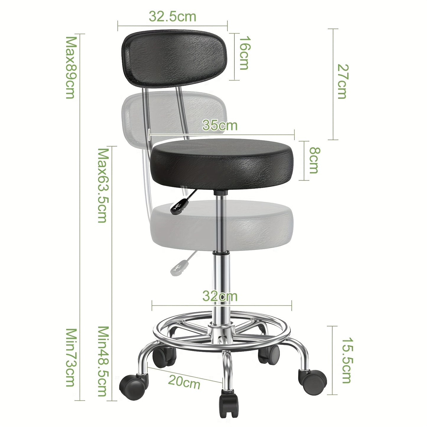 Rollkruk Set 2 Stuks – Bureaustoel – Werkkruk – Salonkruk – Drafting Stool – Ergonomisch Met Rugleuning – Hoogte Verstelbaar PU Leder