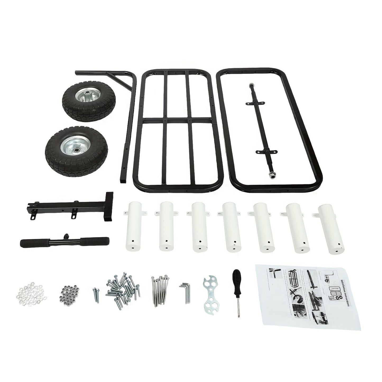 Vistuigwagen – Viswagen – Outdoor Kar – Viskar – Campingkar – Zwarte uitvoering – Hoogwaardig Koolstofstaal – Dubbele Rubber Wielen – 7 Hengelhouders – Antislip Handvat – Verstelbare Voorpoot voor Stabiliteit