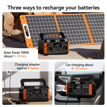 500W Portable Power Station with 100W Foldable Solar Panel - 520Wh/140, 000mAh Lithium Battery, 2 AC Outlets, 4 USB Ports, 4 Adapters, Digital Display & Solar Charging, Compact & Lightweight for Camping, Emergency, Home Backu